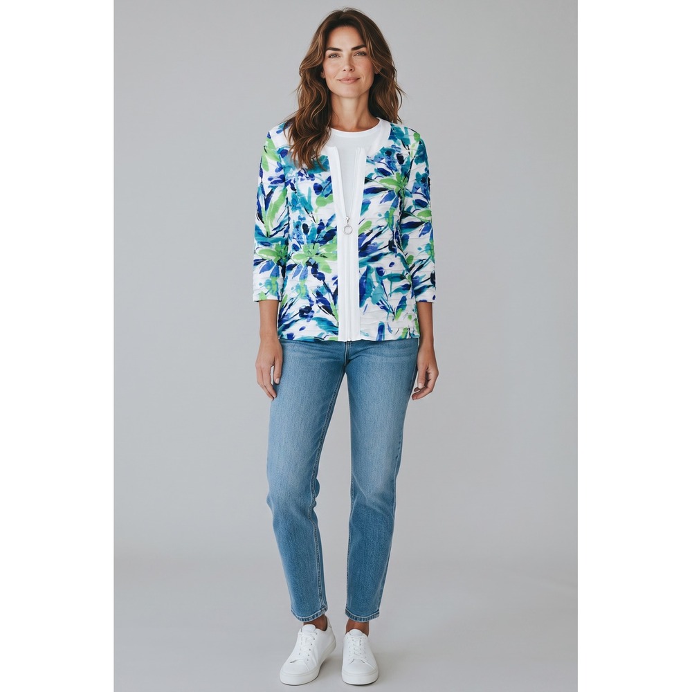 TanJay Petites Floral Zip Front Jacket Blue Green Textured 3/4 Sleeve Size PS